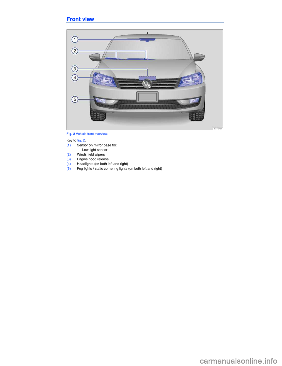 VOLKSWAGEN PASSAT 2014 B8 / 6.G Owners Manual  
Front view 
 
Fig. 2 Vehicle front overview. 
Key to fig. 2: 
(1) Sensor on mirror base for: 
–  Low-light sensor  
(2) Windshield wipers  
(3) Engine hood release  
(4) Headlights (on both left a