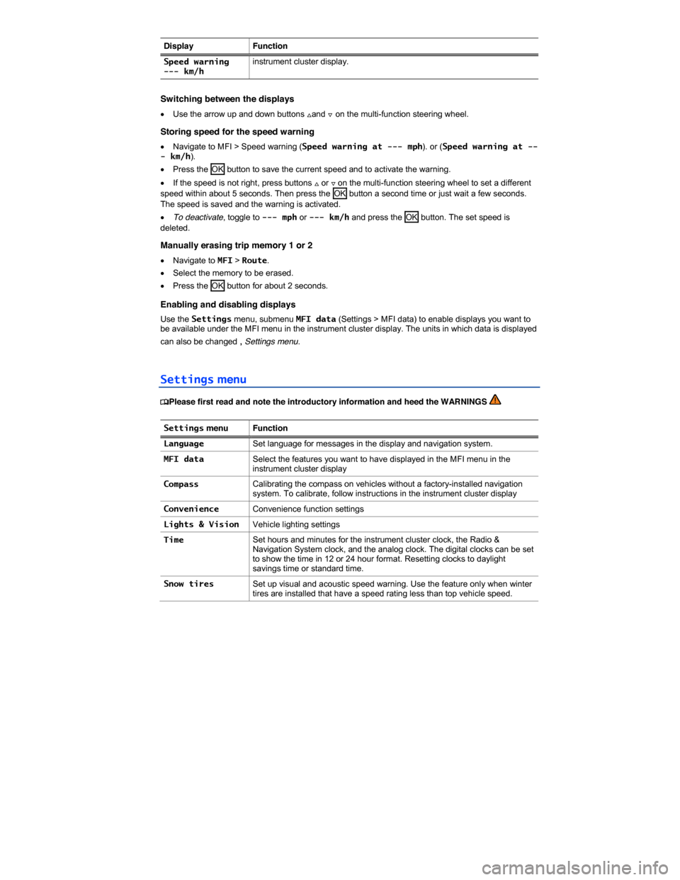VOLKSWAGEN PASSAT 2014 B8 / 6.G Owners Manual  
Display Function
Speed warning --- km/h instrument cluster display. 
 
Switching between the displays 
�x Use the arrow up and down buttons �*and �+ on the multi-function steering wheel. 
Storing sp