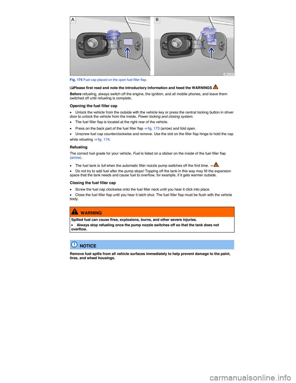 VOLKSWAGEN PASSAT 2014 B8 / 6.G Owners Manual  
 
Fig. 174 Fuel cap placed on the open fuel filler flap. 
�