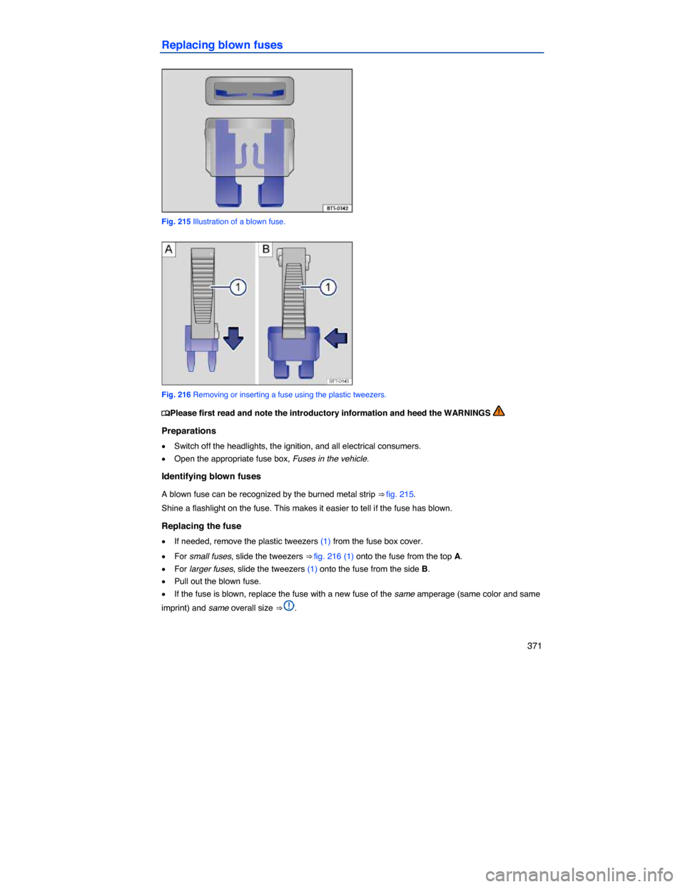 VOLKSWAGEN PASSAT 2014 B8 / 6.G Owners Manual    371 
Replacing blown fuses 
 
Fig. 215 Illustration of a blown fuse. 
 
Fig. 216 Removing or inserting a fuse using the plastic tweezers. 
�