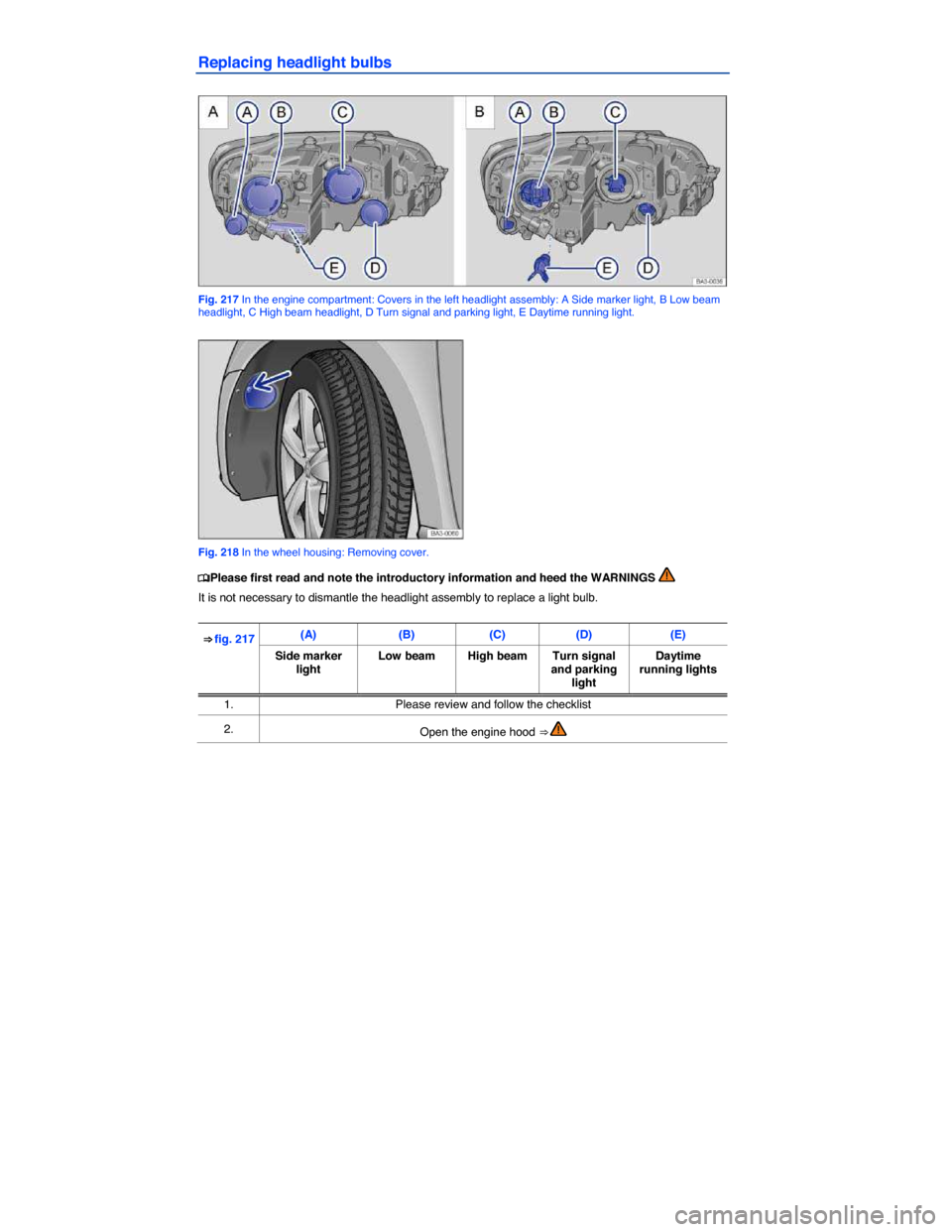 VOLKSWAGEN PASSAT 2014 B8 / 6.G Owners Manual  
Replacing headlight bulbs 
 
Fig. 217 In the engine compartment: Covers in the left headlight assembly: A Side marker light, B Low beam headlight, C High beam headlight, D Turn signal and parking li