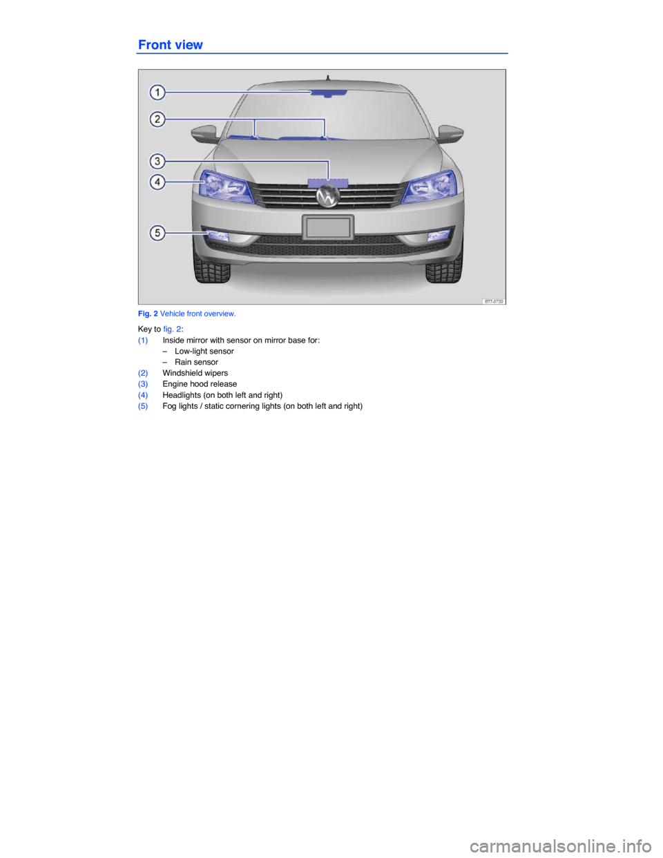 VOLKSWAGEN PASSAT 2015 B8 / 6.G Owners Manual  
Front view 
 
Fig. 2 Vehicle front overview. 
Key to fig. 2: 
(1) Inside mirror with sensor on mirror base for: 
–  Low-light sensor  
–  Rain sensor  
(2) Windshield wipers  
(3) Engine hood re