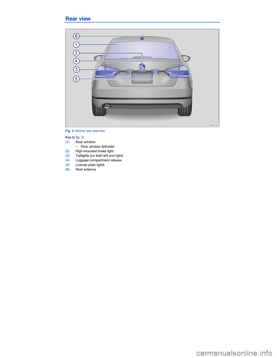 VOLKSWAGEN PASSAT 2015 B8 / 6.G Owners Manual  
Rear view 
 
Fig. 3 Vehicle rear overview. 
Key to fig. 3: 
(1) Rear window: 
–  Rear window defroster  
(2) High-mounted brake light 
(3) Taillights (on both left and right)  
(4) Luggage compart
