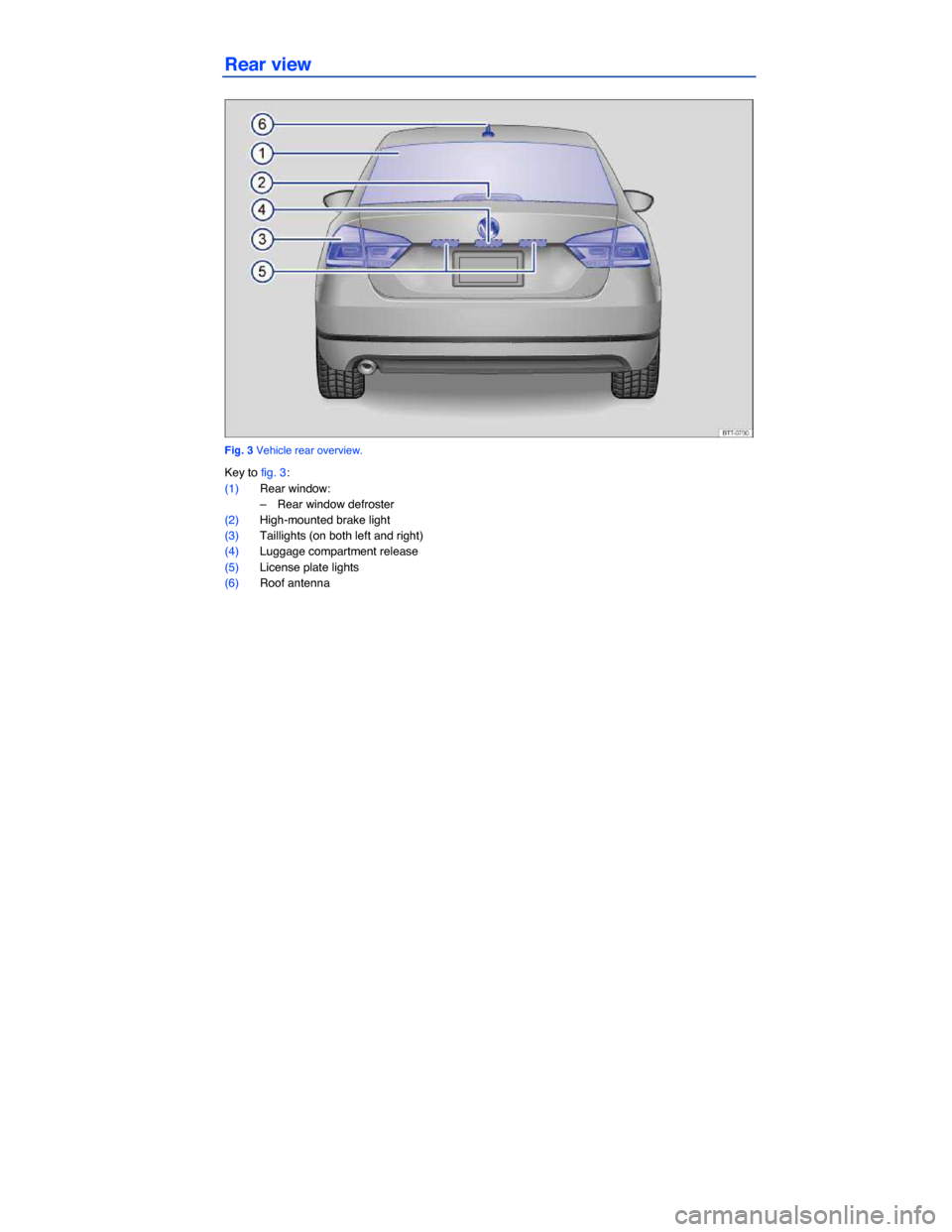 VOLKSWAGEN PASSAT 2015 B8 / 6.G Owners Manual  
Rear view 
 
Fig. 3 Vehicle rear overview. 
Key to fig. 3: 
(1) Rear window: 
–  Rear window defroster  
(2) High-mounted brake light 
(3) Taillights (on both left and right)  
(4) Luggage compart