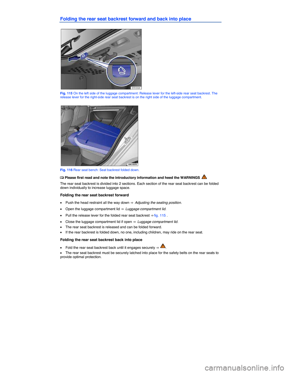 VOLKSWAGEN PASSAT 2015 B8 / 6.G Owners Manual  
Folding the rear seat backrest forward and back into place 
 
Fig. 115 On the left side of the luggage compartment: Release lever for the left-side rear seat backrest. The release lever for the righ