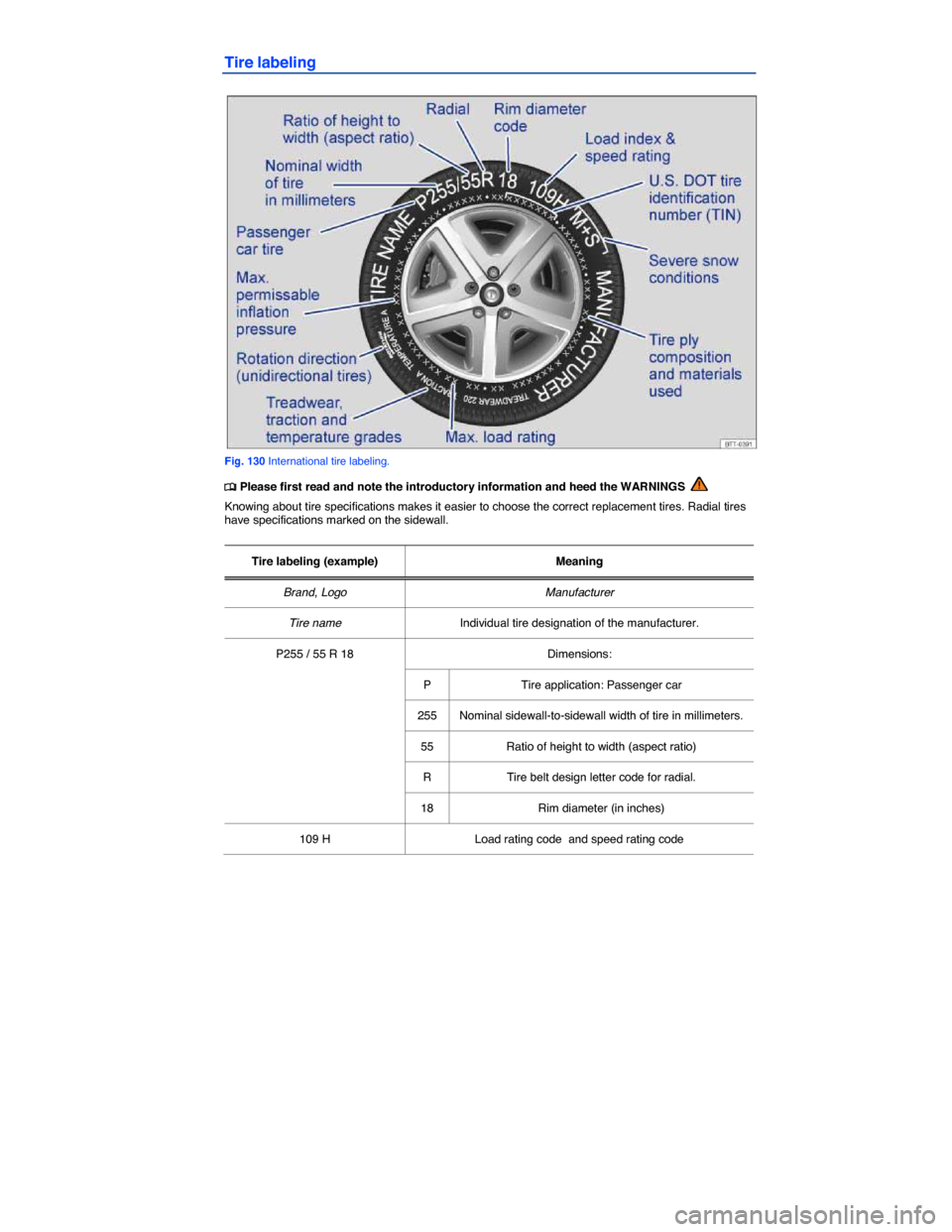 VOLKSWAGEN PASSAT 2015 B8 / 6.G Owners Manual  
Tire labeling 
 
Fig. 130 International tire labeling. 
�