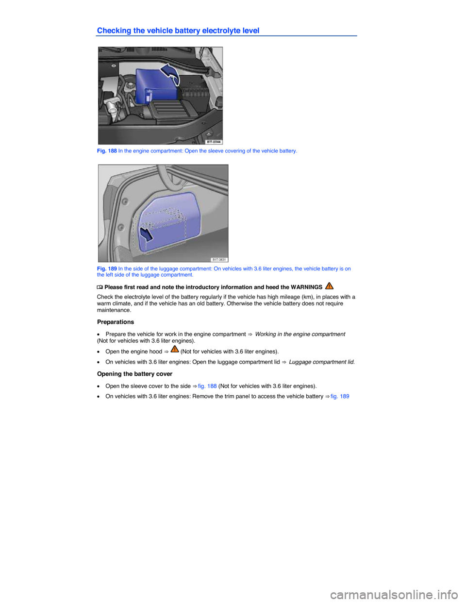 VOLKSWAGEN PASSAT 2015 B8 / 6.G User Guide  
Checking the vehicle battery electrolyte level 
 
Fig. 188 In the engine compartment: Open the sleeve covering of the vehicle battery. 
 
Fig. 189 In the side of the luggage compartment: On vehicles