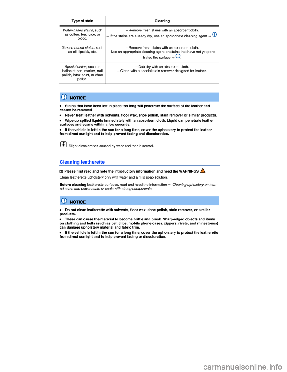 VOLKSWAGEN PASSAT 2015 B8 / 6.G Owners Manual  
Type of stain  Cleaning  
Water-based stains, such as coffee, tea, juice, or blood.  
– Remove fresh stains with an absorbent cloth. 
– If the stains are already dry, use an appropriate cleaning