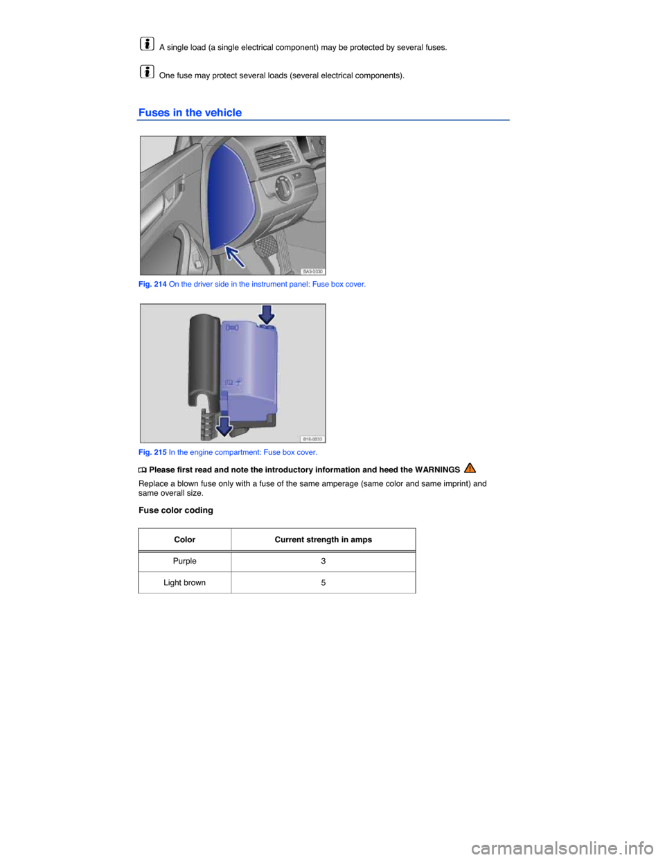 VOLKSWAGEN PASSAT 2015 B8 / 6.G Owners Manual  
  A single load (a single electrical component) may be protected by several fuses. 
  One fuse may protect several loads (several electrical components). 
Fuses in the vehicle 
 
Fig. 214 On the dri