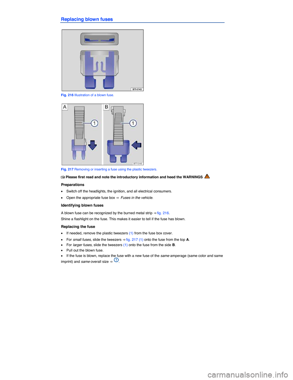 VOLKSWAGEN PASSAT 2015 B8 / 6.G Owners Manual  
Replacing blown fuses 
 
Fig. 216 Illustration of a blown fuse. 
 
Fig. 217 Removing or inserting a fuse using the plastic tweezers. 
�