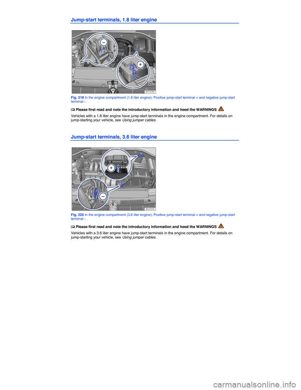 VOLKSWAGEN PASSAT 2015 B8 / 6.G Owners Manual  
Jump-start terminals, 1.8 liter engine 
 
Fig. 218 In the engine compartment (1.8 liter engine): Positive jump-start terminal + and negative jump-start terminal -. 
�
