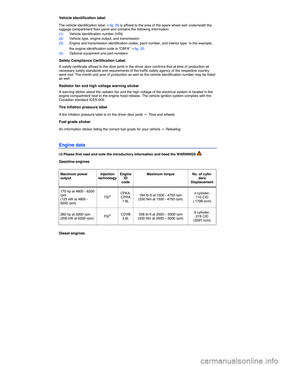 VOLKSWAGEN PASSAT 2015 B8 / 6.G Service Manual  
Vehicle identification label 
The vehicle identification label ⇒ fig. 20 is affixed to the area of the spare wheel well underneath the luggage compartment floor panel and contains the following 
