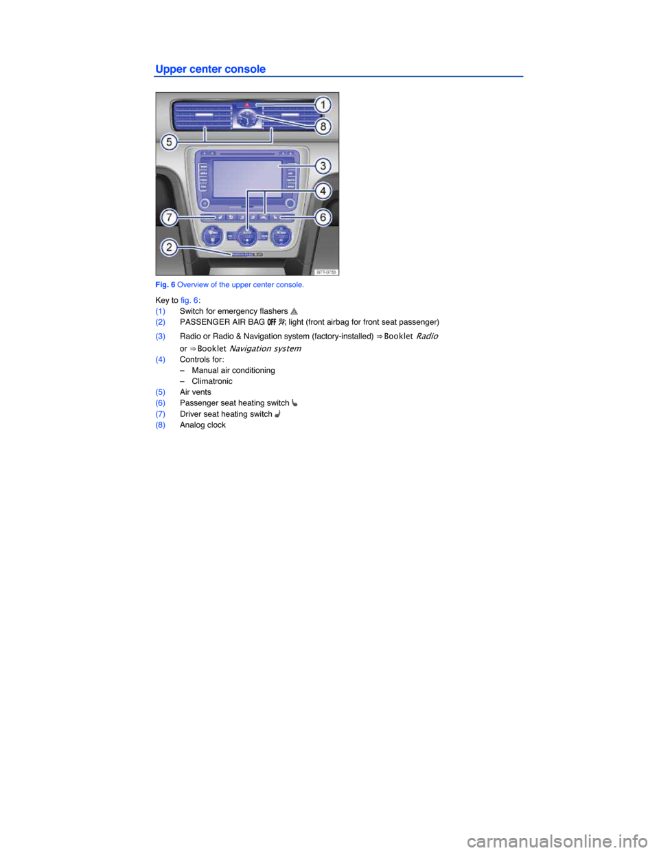 VOLKSWAGEN PASSAT 2015 B8 / 6.G Owners Manual  
Upper center console 
 
Fig. 6 Overview of the upper center console. 
Key to fig. 6: 
(1) Switch for emergency flashers �  
(2) PASSENGER AIR BAG �/�&�& � light (front airbag for front seat passen