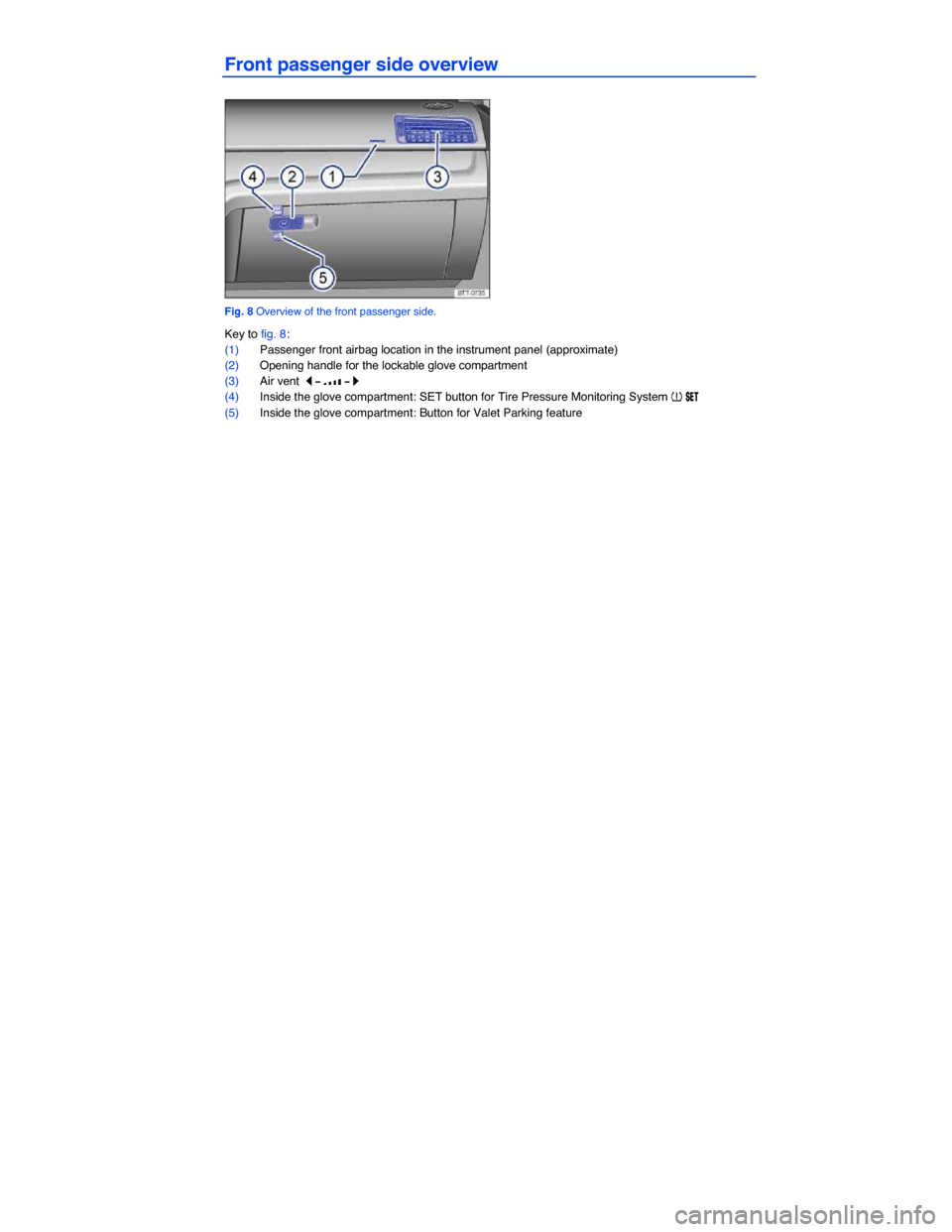 VOLKSWAGEN PASSAT 2015 B8 / 6.G Owners Manual  
Front passenger side overview 
 
Fig. 8 Overview of the front passenger side. 
Key to fig. 8: 
(1) Passenger front airbag location in the instrument panel (approximate)  
(2) Opening handle for the 