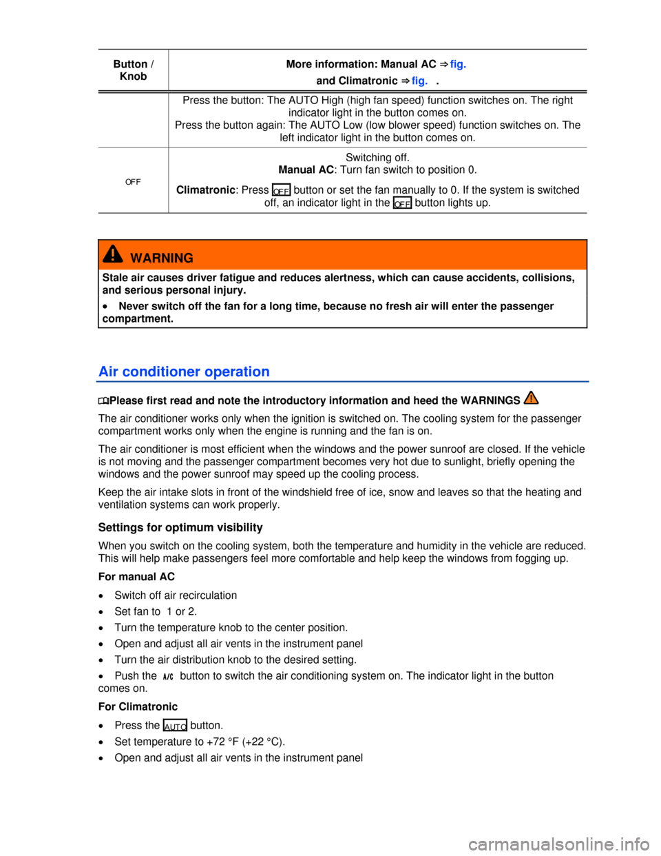 VOLKSWAGEN TIGUAN 2013 1.G Owners Manual  
Button / 
Knob 
More information: Manual AC ⇒ fig.   
and Climatronic ⇒ fig.  . 
Press the button: The AUTO High (high fan speed) function switches on. The right 
indicator light in the butt