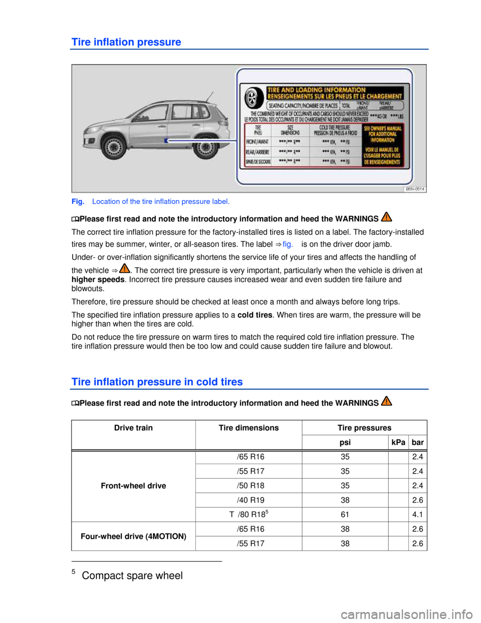 VOLKSWAGEN TIGUAN 2013 1.G Owners Manual  
Tire inflation pressure 
 
Fig.   Location of the tire inflation pressure label. 
�
