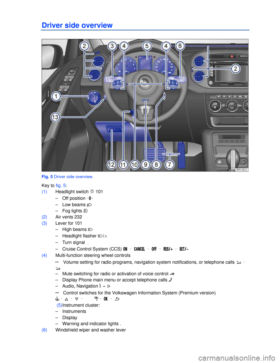 VOLKSWAGEN TIGUAN 2013 1.G Owners Manual  
Driver side overview 
 
Fig. 5 Driver side overview. 
Key to fig. 5: 
(1) Headlight switch �
