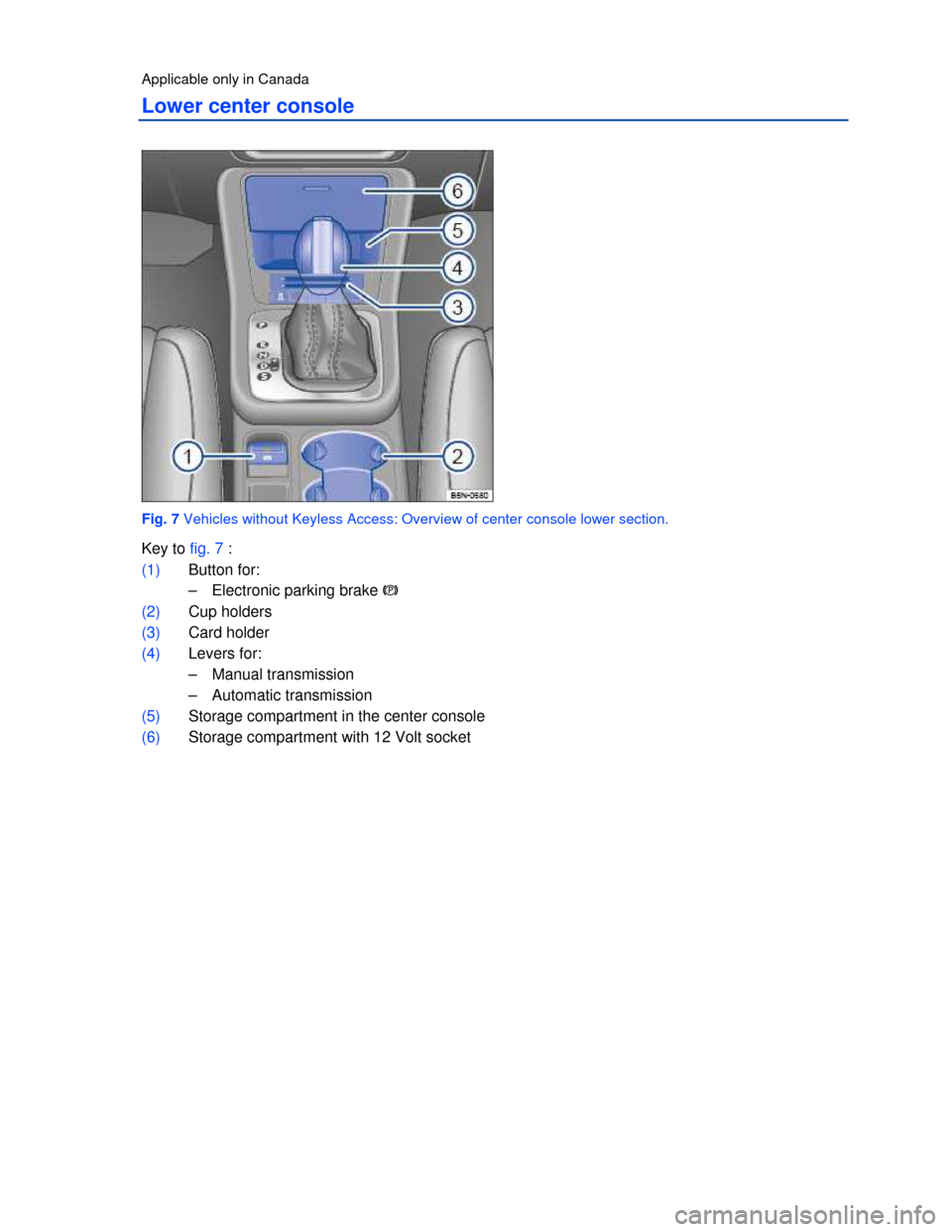 VOLKSWAGEN TIGUAN 2013 1.G Owners Manual  
Applicable only in Canada 
Lower center console 
 
Fig. 7 Vehicles without Keyless Access: Overview of center console lower section. 
Key to fig. 7 : 
(1) Button for: 
–  Electronic parking brake 