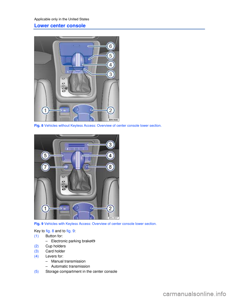 VOLKSWAGEN TIGUAN 2013 1.G Owners Manual  
Applicable only in the United States 
Lower center console 
 
Fig. 8 Vehicles without Keyless Access: Overview of center console lower section. 
 
Fig. 9 Vehicles with Keyless Access: Overview of ce