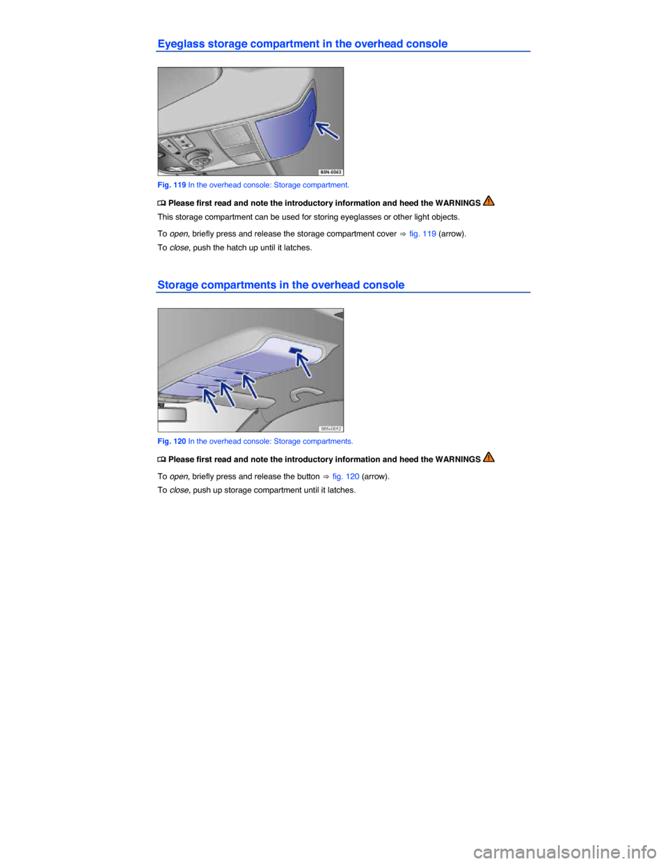 VOLKSWAGEN TIGUAN 2014 1.G Owners Manual  
Eyeglass storage compartment in the overhead console 
 
Fig. 119 In the overhead console: Storage compartment. 
�