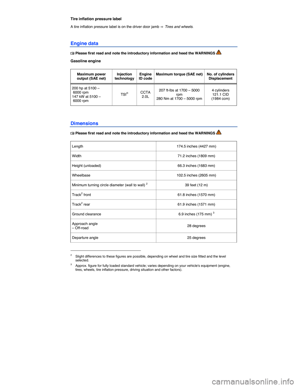 VOLKSWAGEN TIGUAN 2014 1.G Owners Manual  
Tire inflation pressure label 
A tire inflation pressure label is on the driver door jamb ⇒ Tires and wheels. 
Engine data 
�