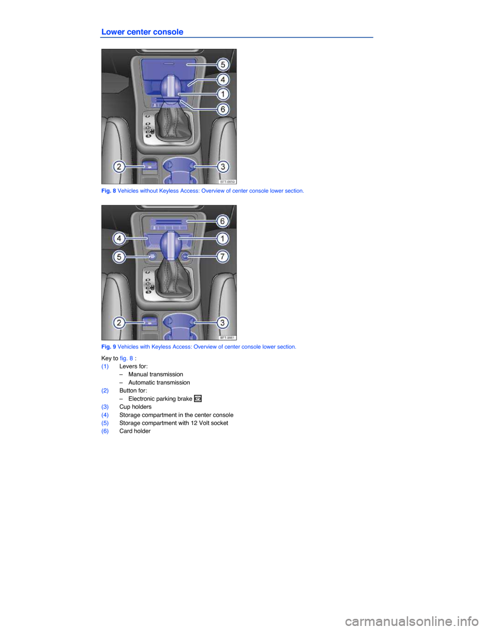 VOLKSWAGEN TIGUAN 2014 1.G Owners Manual  
Lower center console 
 
Fig. 8 Vehicles without Keyless Access: Overview of center console lower section. 
 
Fig. 9 Vehicles with Keyless Access: Overview of center console lower section. 
Key to fi