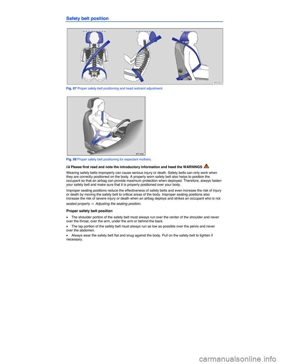 VOLKSWAGEN TIGUAN 2015 1.G Owners Manual  
Safety belt position 
 
Fig. 67 Proper safety belt positioning and head restraint adjustment. 
 
Fig. 68 Proper safety belt positioning for expectant mothers. 
�
