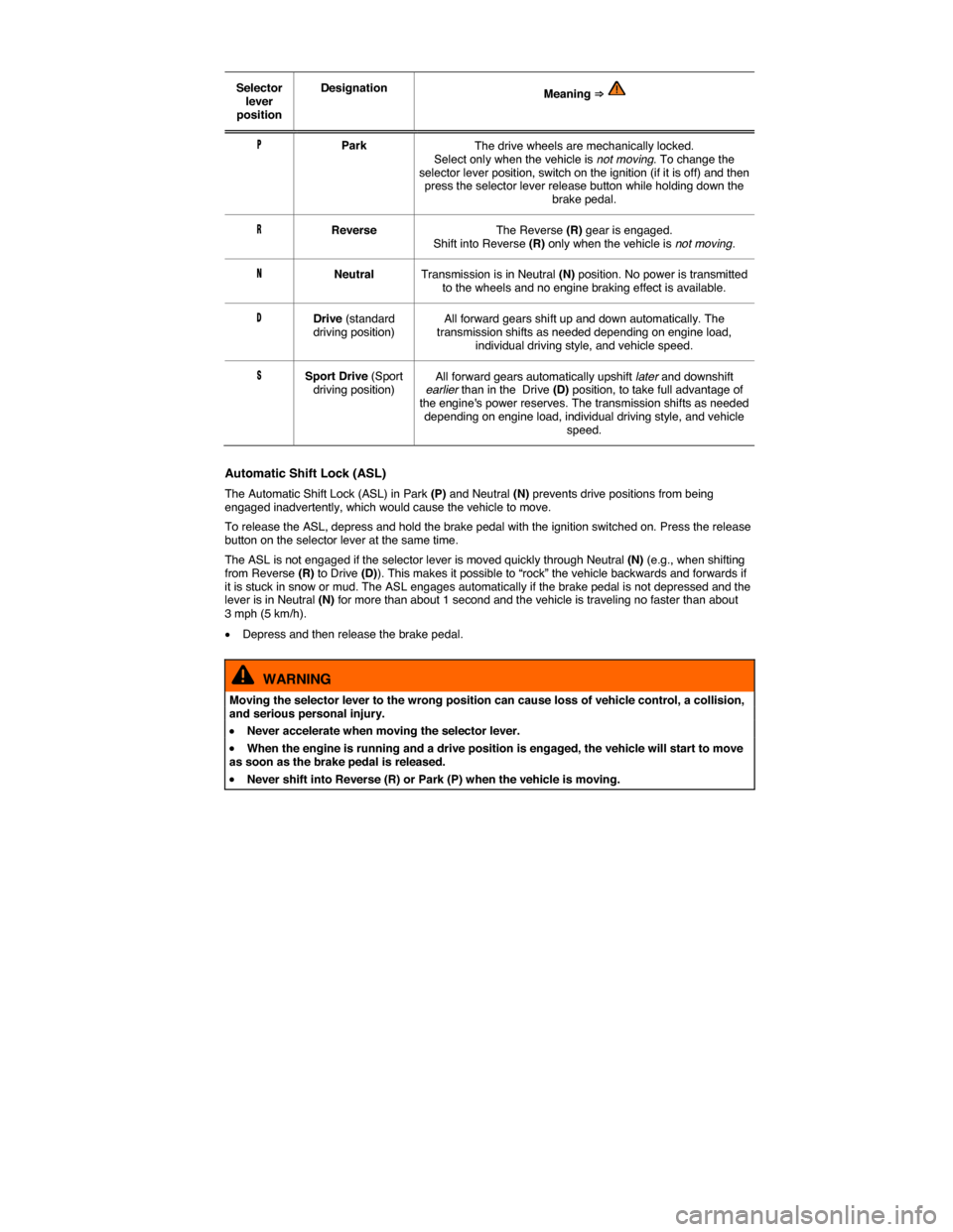 VOLKSWAGEN TIGUAN 2015 1.G Owners Manual  
 
Selector lever position  
Designation  Meaning ⇒   
�0  Park  The drive wheels are mechanically locked. Select only when the vehicle is not moving. To change the selector lever position, switc