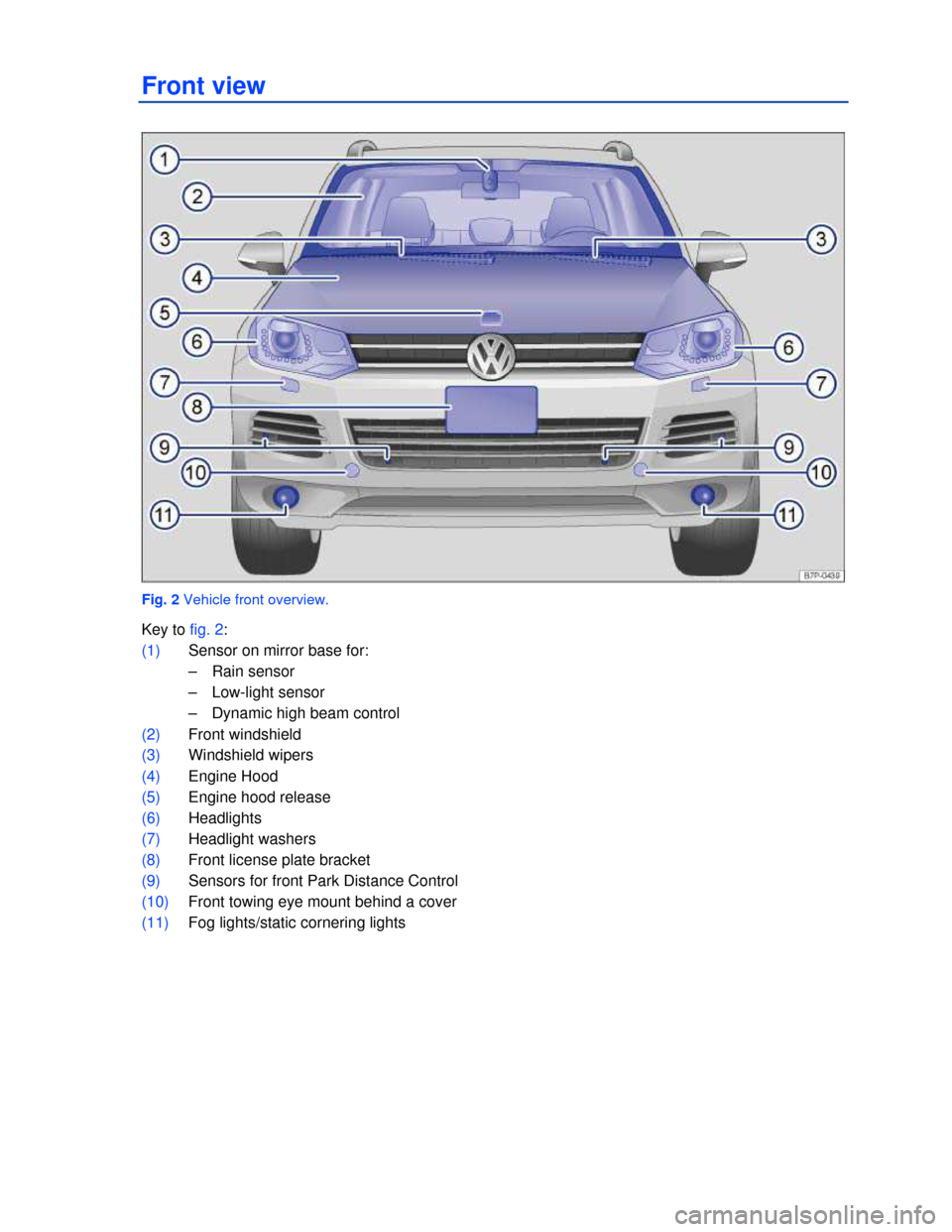 VOLKSWAGEN TOUAREG 2013 2.G Owners Manual  
Front view 
 
Fig. 2 Vehicle front overview. 
Key to fig. 2: 
(1) Sensor on mirror base for: 
–  Rain sensor  
–  Low-light sensor 
–  Dynamic high beam control  
(2) Front windshield 
(3) Win
