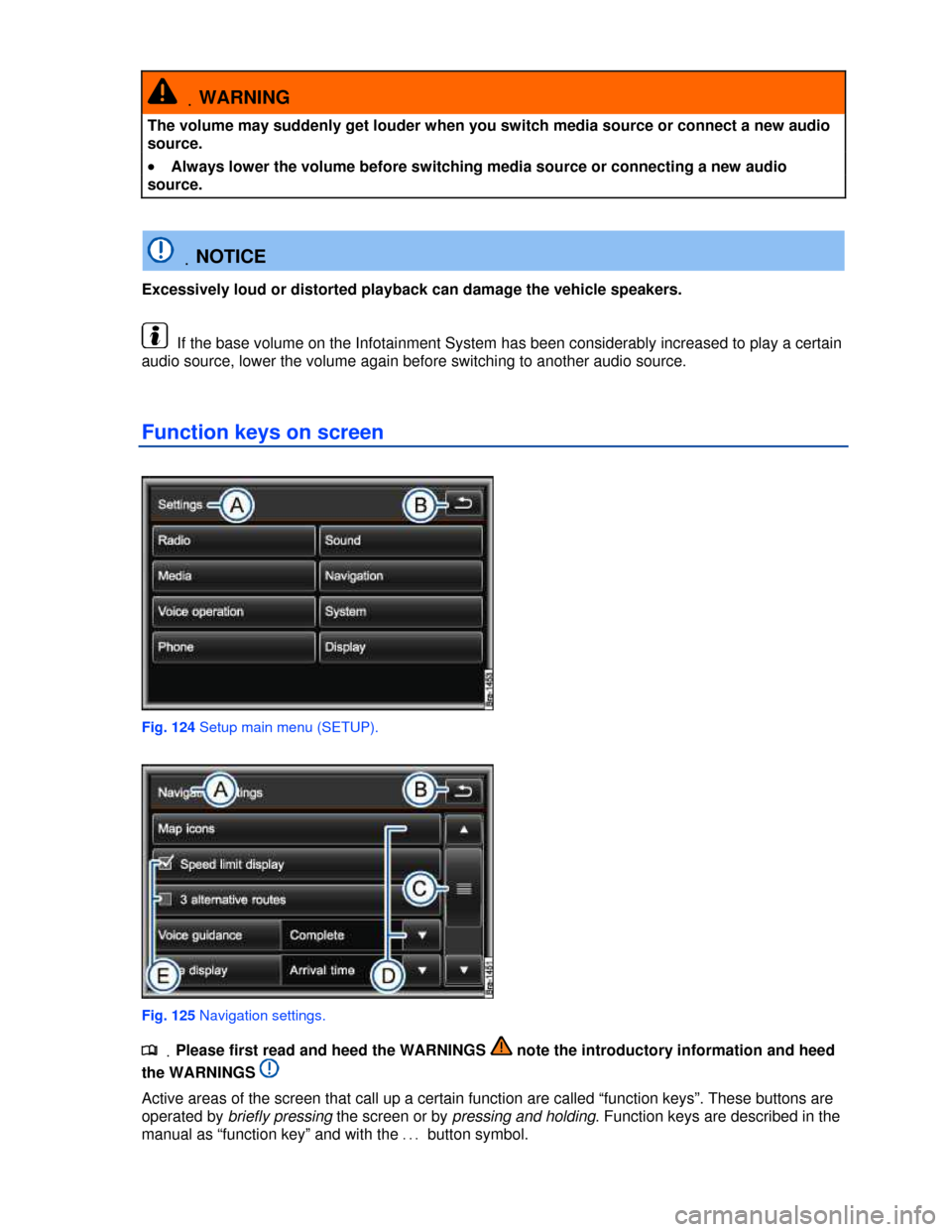 VOLKSWAGEN TOUAREG 2013 2.G Owners Manual  
 .WARNING 
The volume may suddenly get louder when you switch media source or connect a new audio 
source. 
�x Always lower the volume before switching media source or connecting a new audio 
source