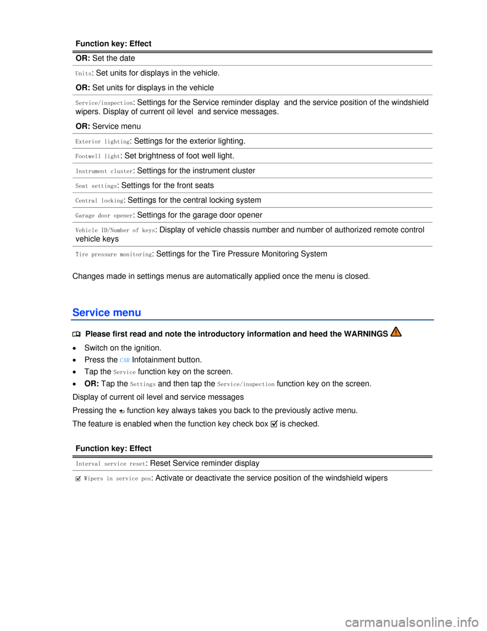 VOLKSWAGEN TOUAREG 2013 2.G Owners Manual  
Function key: Effect 
OR: Set the date  
Units: Set units for displays in the vehicle. 
OR: Set units for displays in the vehicle  
Service/inspection: Settings for the Service reminder display  and