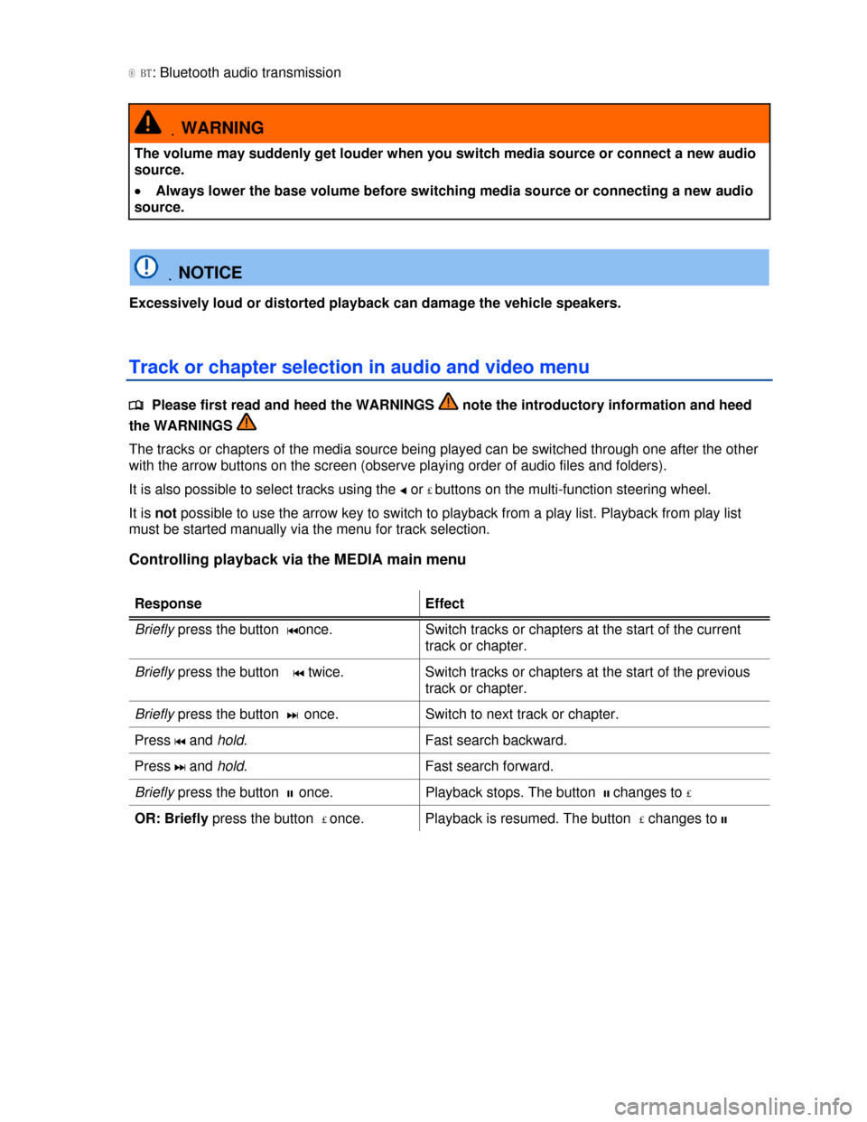 VOLKSWAGEN TOUAREG 2013 2.G Owners Manual  
�
 BT: Bluetooth audio transmission 
 .WARNING 
The volume may suddenly get louder when you switch media source or connect a new audio 
source. 
�x Always lower the base volume before switching medi