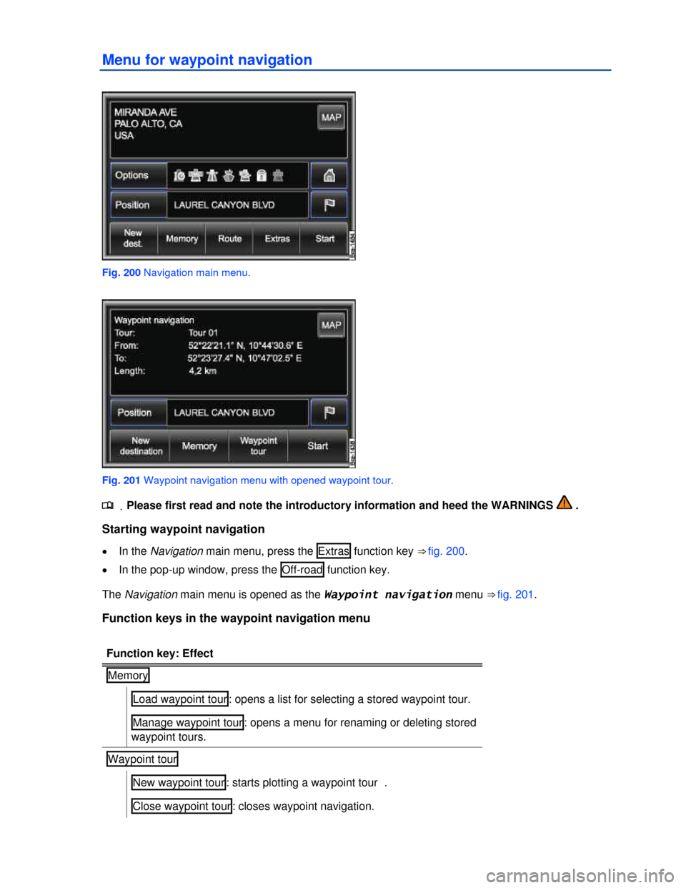 VOLKSWAGEN TOUAREG 2013 2.G Owners Manual  
Menu for waypoint navigation 
 
Fig. 200 Navigation main menu. 
 
Fig. 201 Waypoint navigation menu with opened waypoint tour. 
.�