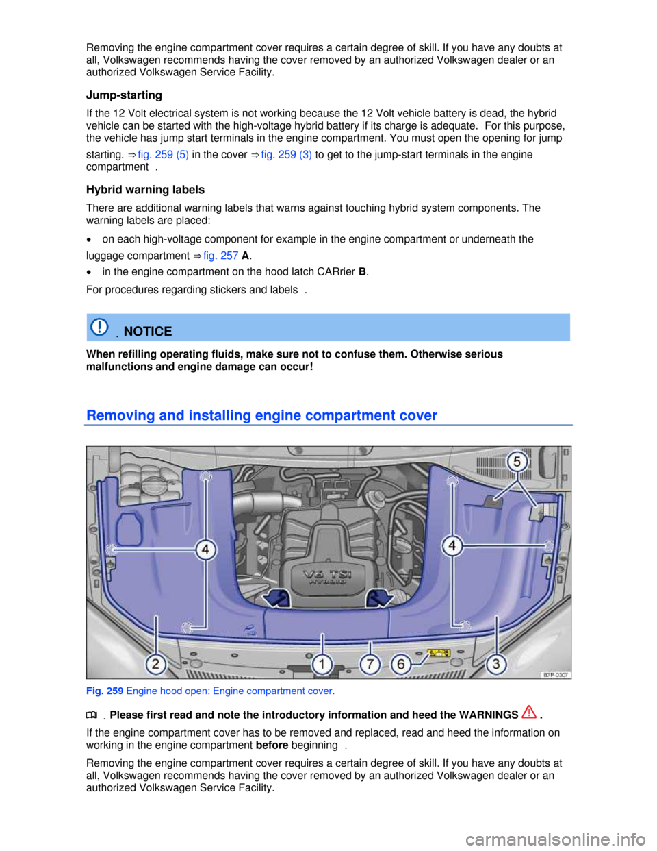 VOLKSWAGEN TOUAREG 2013 2.G Owners Manual  
Removing the engine compartment cover requires a certain degree of skill. If you have any doubts at 
all, Volkswagen recommends having the cover removed by an authorized Volkswagen dealer or an 
aut