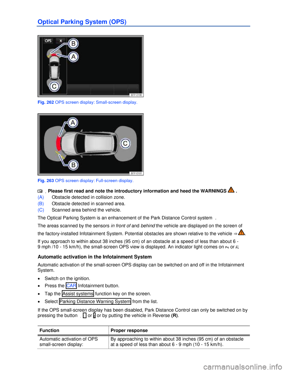 VOLKSWAGEN TOUAREG 2013 2.G Owners Manual  
Optical Parking System (OPS) 
 
Fig. 262 OPS screen display: Small-screen display. 
 
Fig. 263 OPS screen display: Full-screen display. 
.�