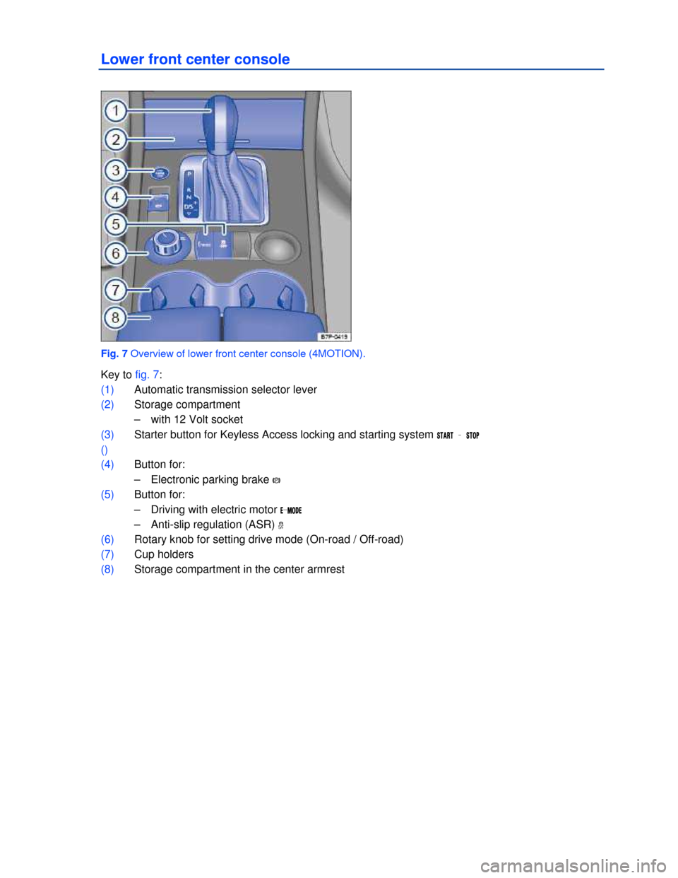 VOLKSWAGEN TOUAREG 2013 2.G Owners Manual  
Lower front center console 
 
Fig. 7 Overview of lower front center console (4MOTION). 
Key to fig. 7: 
(1) Automatic transmission selector lever  
(2) Storage compartment  
–  with 12 Volt socket