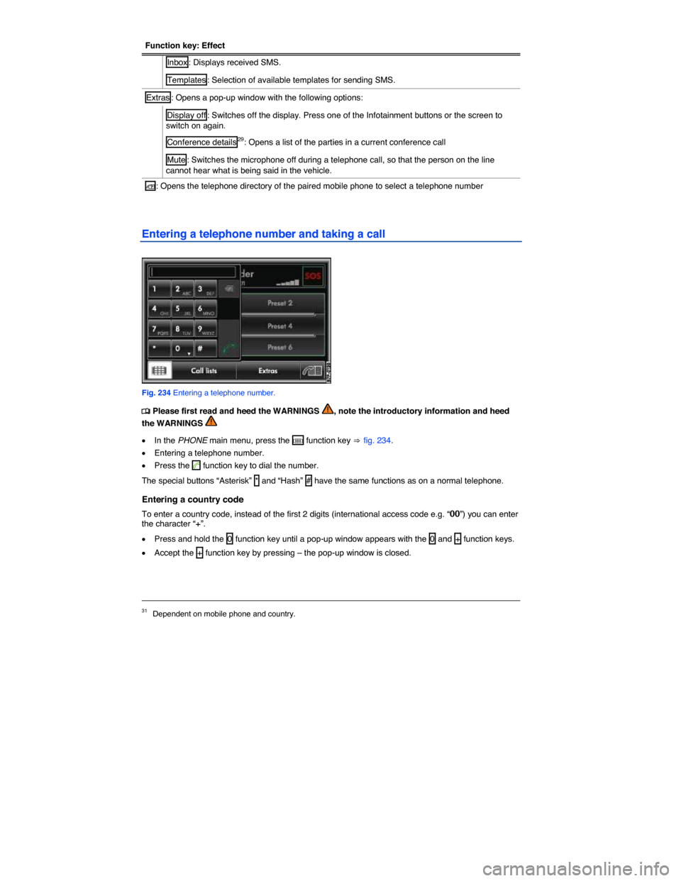 VOLKSWAGEN TOUAREG 2014 2.G Owners Manual  
Function key: Effect 
 Inbox : Displays received SMS. 
 Templates : Selection of available templates for sending SMS. 
Extras : Opens a pop-up window with the following options: 
 Display off : Swit