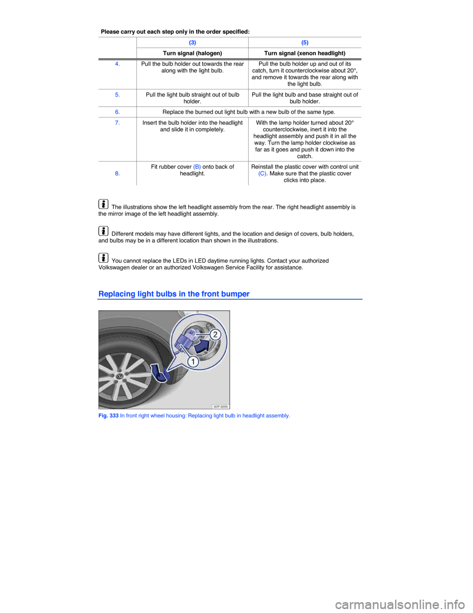 VOLKSWAGEN TOUAREG 2014 2.G Owners Manual  
Please carry out each step only in the order specified:
 (3)(5)
Turn signal (halogen) Turn signal (xenon headlight) 
4. Pull the bulb holder out towards the rear along with the light bulb. Pull the 