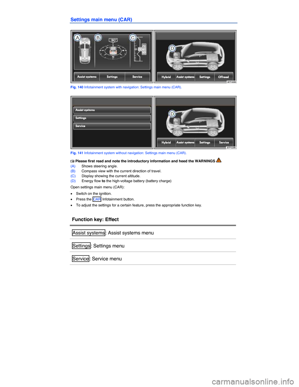 VOLKSWAGEN TOUAREG 2015 2.G Owners Manual  
Settings main menu (CAR) 
 
Fig. 140 Infotainment system with navigation: Settings main menu (CAR). 
 
Fig. 141 Infotainment system without navigation: Settings main menu (CAR). 
�