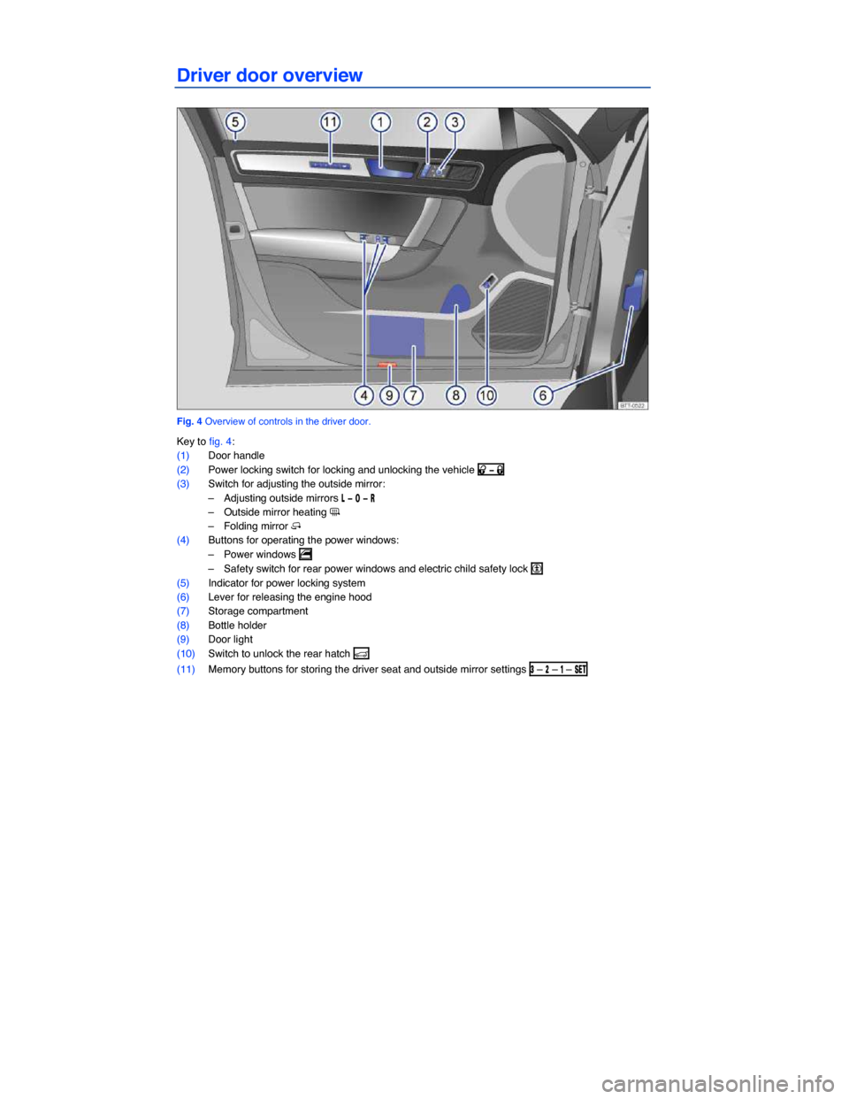 VOLKSWAGEN TOUAREG 2015 2.G Owners Manual  
Driver door overview 
 
Fig. 4 Overview of controls in the driver door. 
Key to fig. 4: 
(1) Door handle  
(2) Power locking switch for locking and unlocking the vehicle �0 �