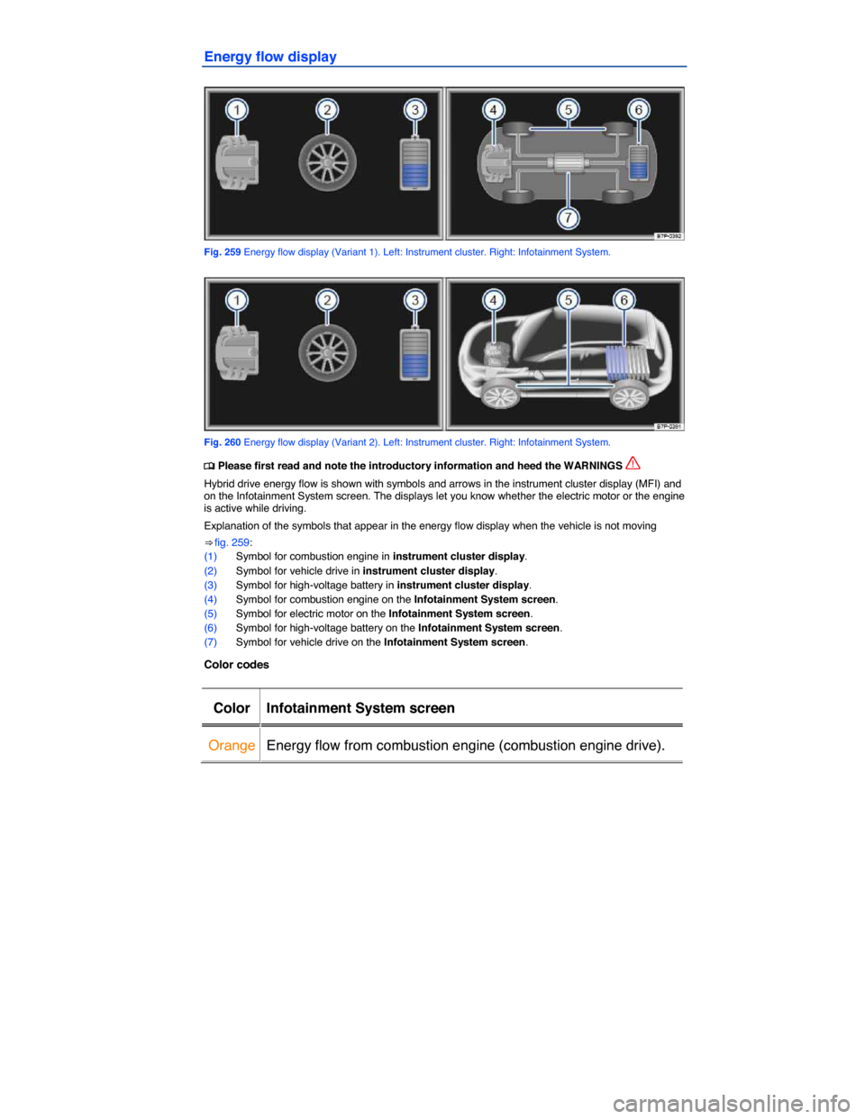 VOLKSWAGEN TOUAREG 2015 2.G Owners Manual
Energy flow display
Fig. 259 Energy flow display (Variant 1). Left: Instrument cluster. Right: Infotainment System.
Fig. 260 Energy flow display (Variant 2). Left: Instrument cluster. Right: I VOLKSWAGEN TOUAREG 2015 2.G Owners Manual
Energy flow display
Fig. 259 Energy flow display (Variant 1). Left: Instrument cluster. Right: Infotainment System.
Fig. 260 Energy flow display (Variant 2). Left: Instrument cluster. Right: I