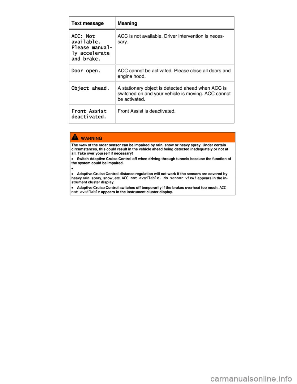 VOLKSWAGEN TOUAREG 2015 2.G Owners Manual  
Text message   Meaning  
ACC: Not 
available. 
Please manual-
ly accelerate 
and brake.  
ACC is not available. Driver intervention is neces-
sary.  
Door open.  ACC cannot be activated. Please clos