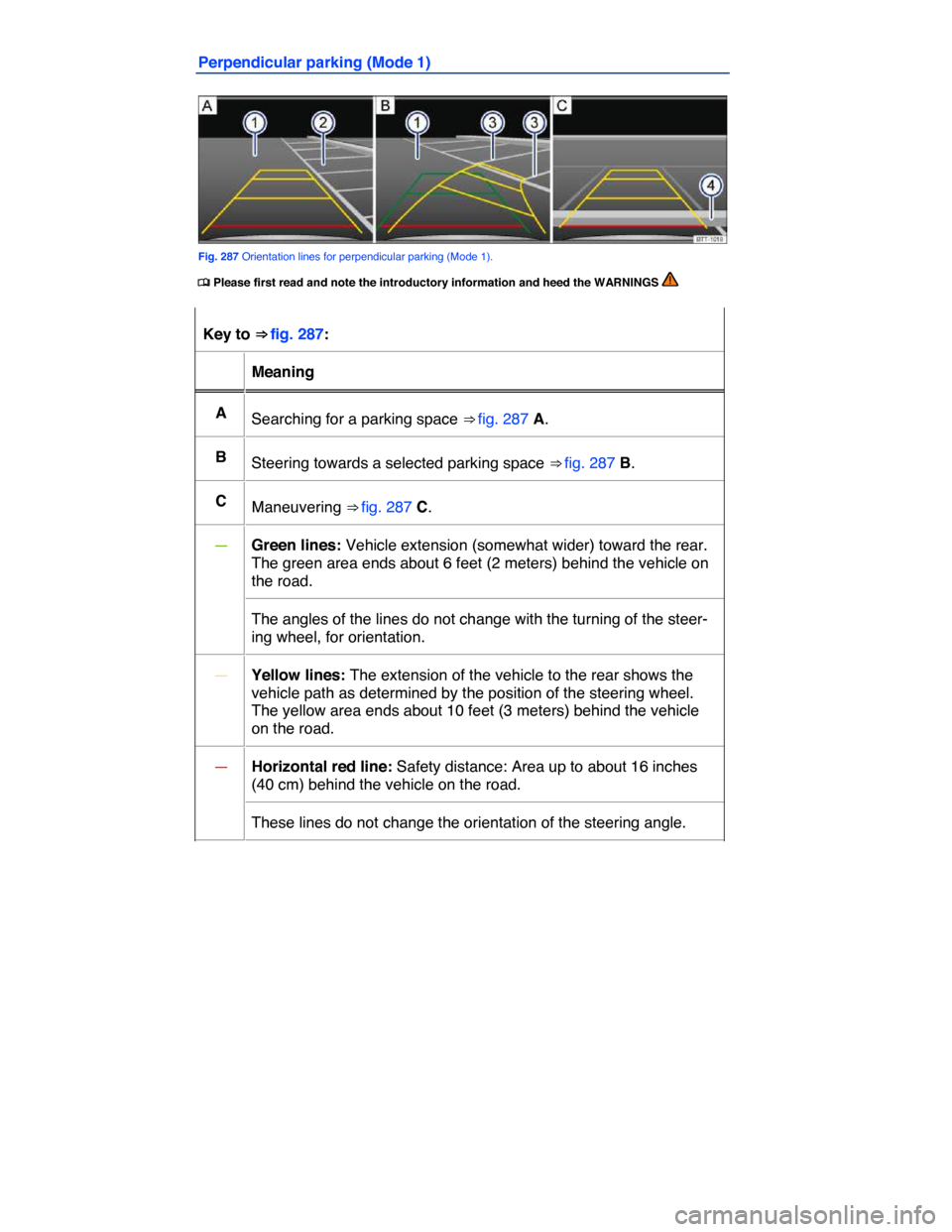VOLKSWAGEN TOUAREG 2015 2.G Owners Manual  
Perpendicular parking (Mode 1) 
 
Fig. 287 Orientation lines for perpendicular parking (Mode 1). 
�