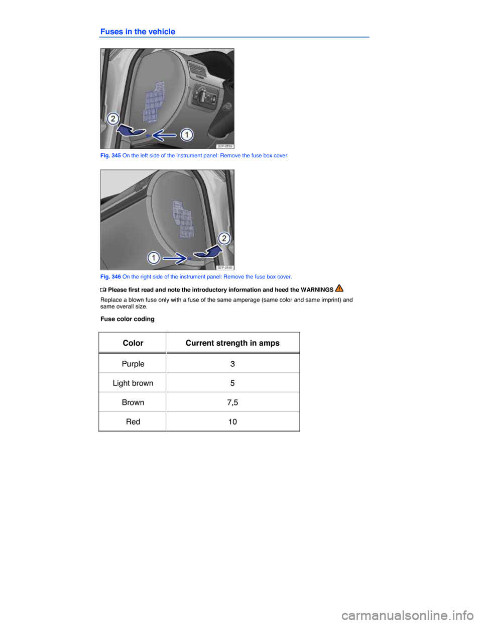 VOLKSWAGEN TOUAREG 2015 2.G Owners Manual  
Fuses in the vehicle 
 
Fig. 345 On the left side of the instrument panel: Remove the fuse box cover. 
 
Fig. 346 On the right side of the instrument panel: Remove the fuse box cover. 
�