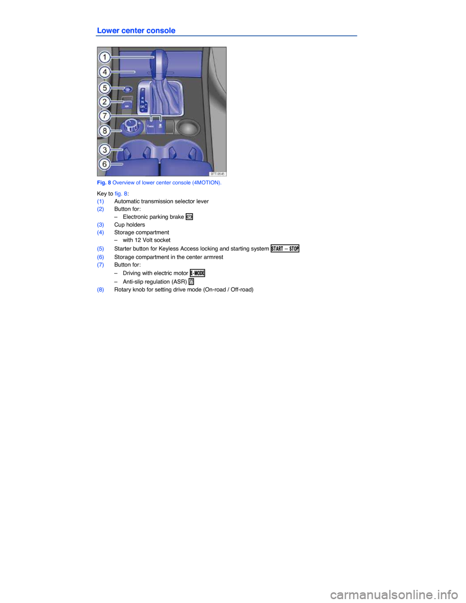 VOLKSWAGEN TOUAREG 2015 2.G Owners Manual  
Lower center console 
 
Fig. 8 Overview of lower center console (4MOTION). 
Key to fig. 8: 
(1) Automatic transmission selector lever  
(2) Button for: 
–  Electronic parking brake �G  
(3) Cup ho