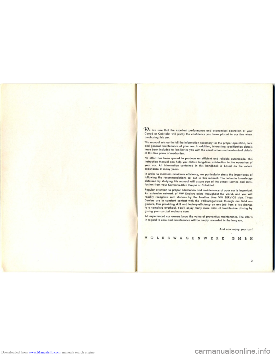 VOLKSWAGEN KARMANN GHIA 1958 1.G Owners Manual Downloaded from www.Manualslib.com manuals search engine VOLKSWAGEN KARMANN GHIA 1958 1.G Owners Manual Downloaded from www.Manualslib.com manuals search engine