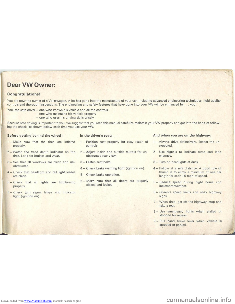 VOLKSWAGEN BEETLE 1970 1.G Owners Manual Downloaded from www.Manualslib.com manuals search engine VOLKSWAGEN BEETLE 1970 1.G Owners Manual Downloaded from www.Manualslib.com manuals search engine