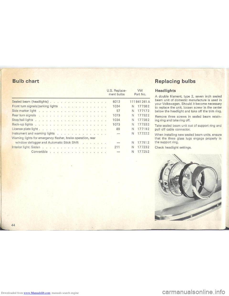 VOLKSWAGEN BEETLE 1970 1.G Service Manual Downloaded from www.Manualslib.com manuals search engine   