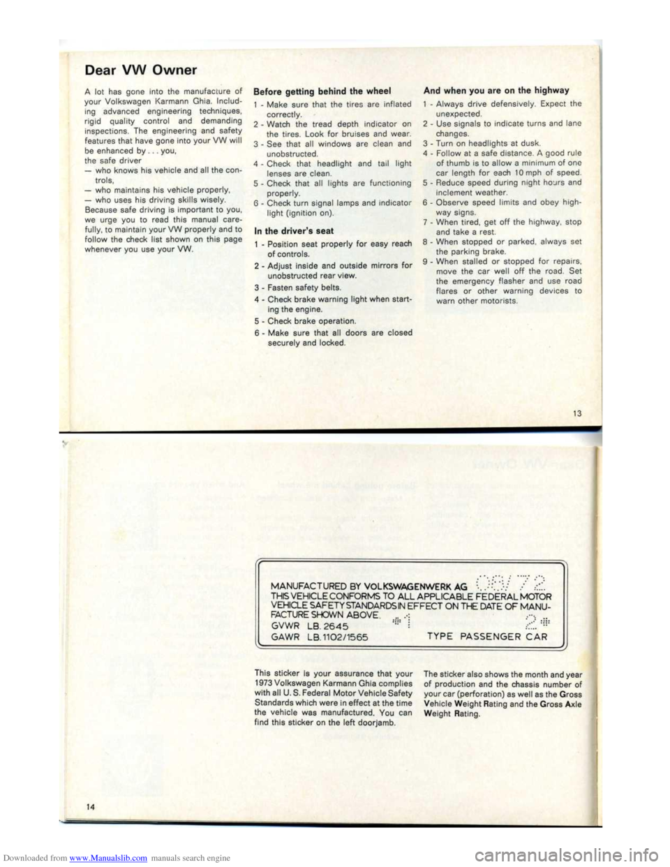VOLKSWAGEN KARMANN GHIA 1973 1.G Owners Manual Downloaded from www.Manualslib.com manuals search engine   