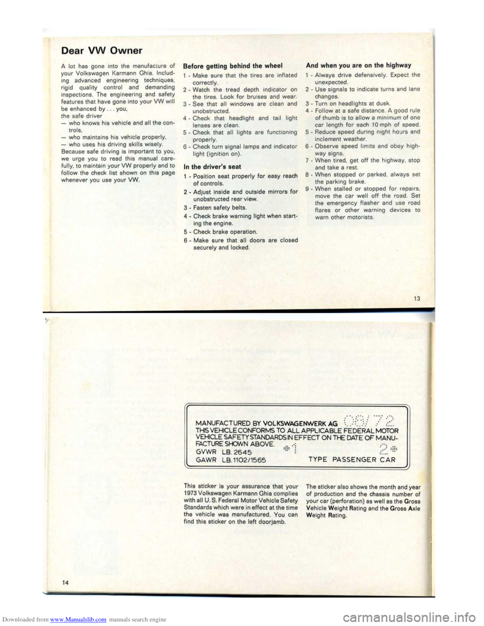 VOLKSWAGEN KARMANN GHIA 1973 1.G Owners Manual Downloaded from www.Manualslib.com manuals search engine VOLKSWAGEN KARMANN GHIA 1973 1.G Owners Manual Downloaded from www.Manualslib.com manuals search engine